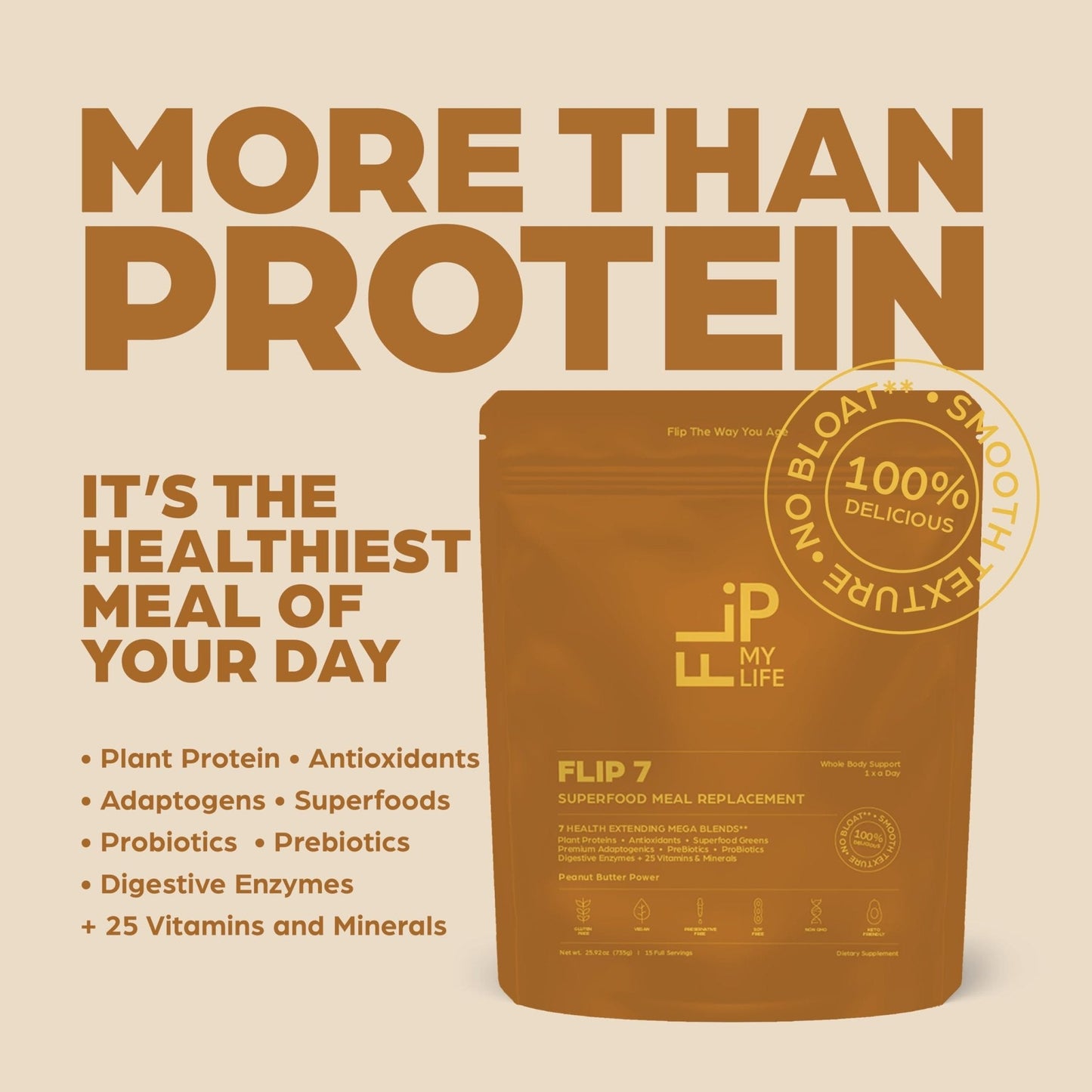 Flip My Life, Flip 7 Natural SuperFood, Plant-Based Protein, Complete Meal Replacement to Support Healthy Gut, 7 Mega Nutrient Rich Blends all in one to AGE BETTER - Peanut Butter - PrimeBioHealth - canada supplements