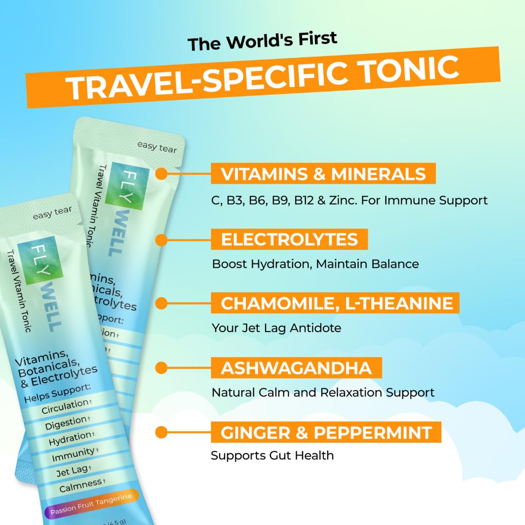 FlyWell Travel Vitamin Tonic for Flight, Jet Lag, Hydration, Circulation, Digestion & Immune Support, Promotes Calmness, Electrolyte Powder, Travel Essentials, - PrimeBioHealth - canada supplements