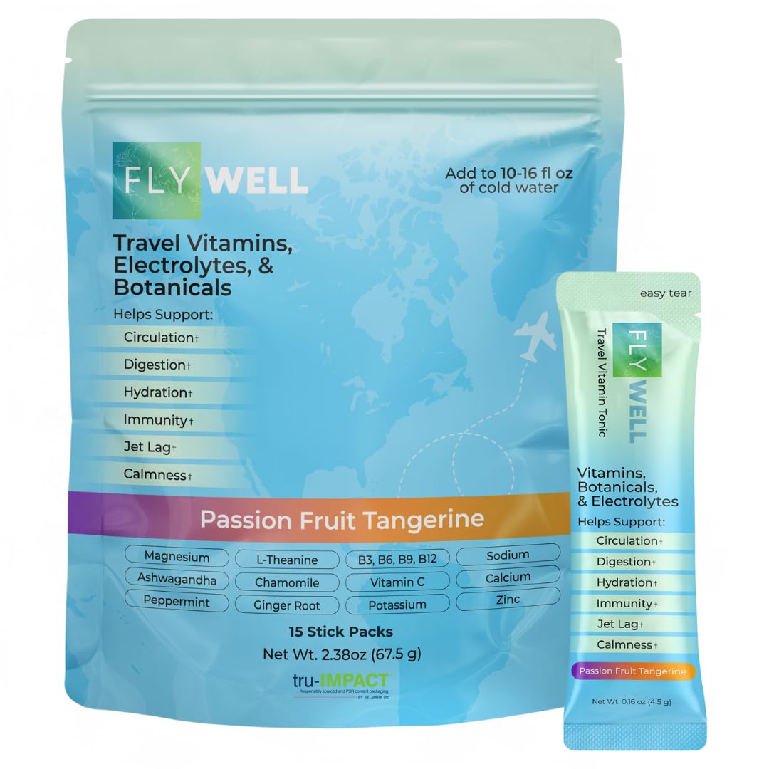 FlyWell Travel Vitamin Tonic for Flight, Jet Lag, Hydration, Circulation, Digestion & Immune Support, Promotes Calmness, Electrolyte Powder, Travel Essentials, - PrimeBioHealth - canada supplements