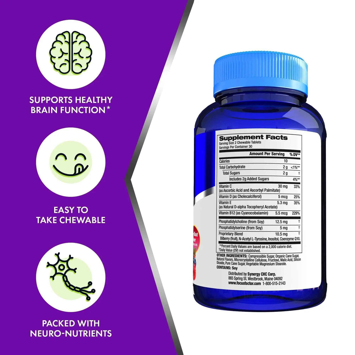 Focus Factor Kids Complete Daily Chewable Vitamins: Multivitamin & Neuro Nutrient (Brain Function) w/Vitamin B12, C, D3-60 Count
