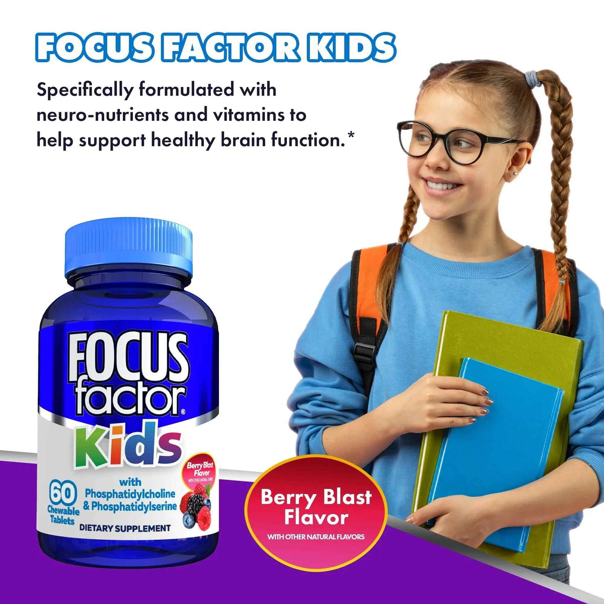 Focus Factor Kids Complete Daily Chewable Vitamins: Multivitamin & Neuro Nutrient (Brain Function) w/Vitamin B12, C, D3-60 Count