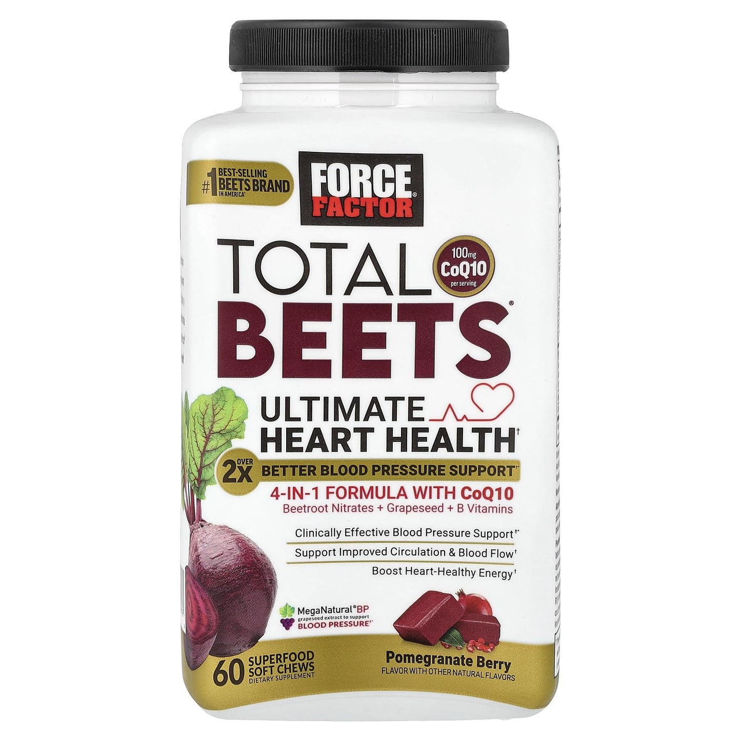 Force Factor Total Beets Ultimate Heart Health Chews for Blood Pressure Support, with Beetroot Powder, CoQ10, B Vitamins & Grapeseed Extract for Blood Flow & Energy - PrimeBioHealth - canada supplements