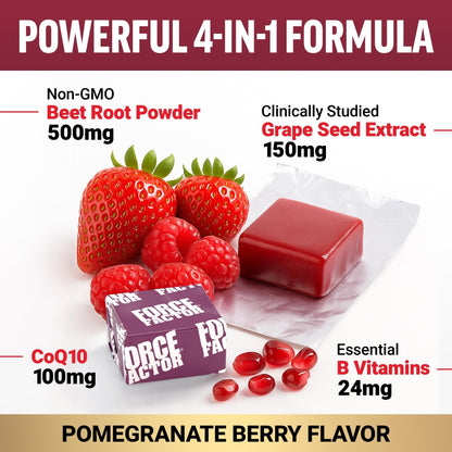 Force Factor Total Beets Ultimate Heart Health Chews for Blood Pressure Support, with Beetroot Powder, CoQ10, B Vitamins & Grapeseed Extract for Blood Flow & Energy - PrimeBioHealth - canada supplements