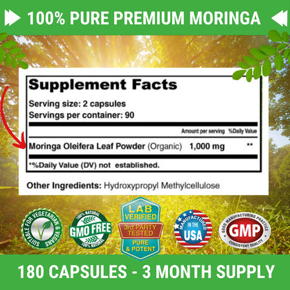 FRESH HEALTHCARE Moringa Capsules – 100% Pure Leaf Powder - 180 Pills, Non-GMO - 3 Month Supply - Complete Green Superfood for Energy - PrimeBioHealth - canada supplements
