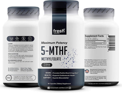 Fresh Nutrition L Methylfolate 7.5mg – DNA Verified for Maximum Potency – Superior Bioavailability – 5-MTHF Methyl Folate - 90 Capsules - PrimeBioHealth - canada supplements