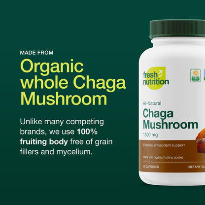 Fresh Nutrition Organic Chaga Mushrooms – Strongest DNA Verified 1500mg Per Serving – High in Fiber – Non GMO, Gluten & Soy Free, Vegan Friendly - PrimeBioHealth - canada supplements