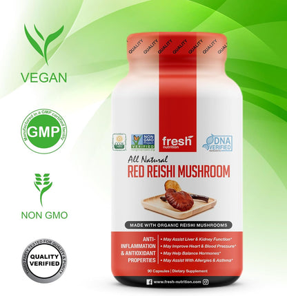 Fresh Nutrition Organic Reishi Mushroom Capsules - Rich in Alpha Glucan - Ganoderma Lucidum & Ganoderma Applanatim - Third Party Tested - 90 Capsules/Pills - PrimeBioHealth - canada supplements