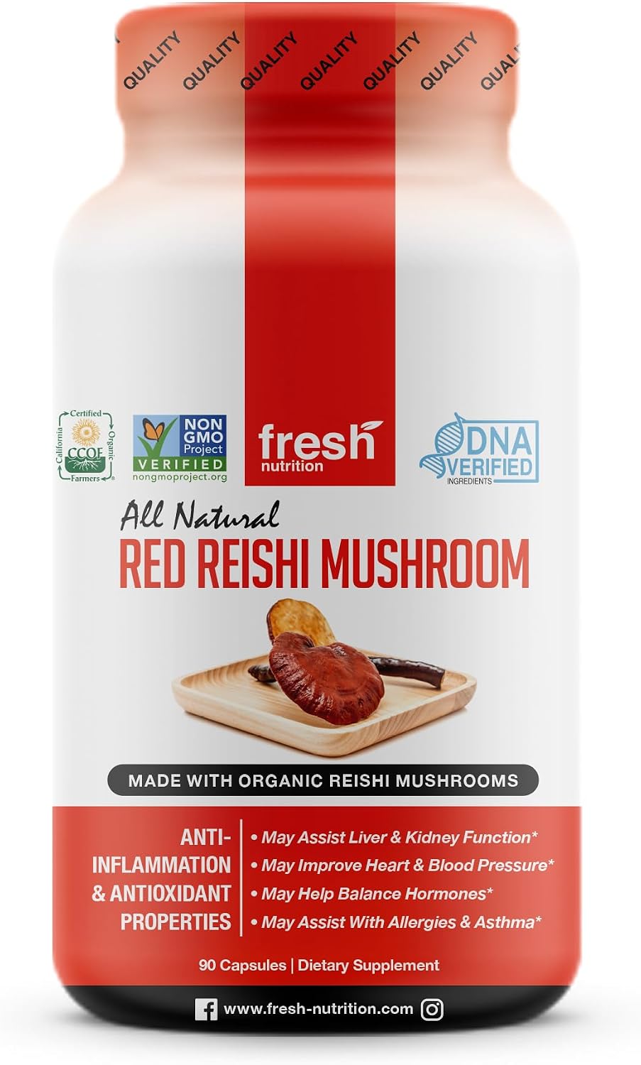 Fresh Nutrition Organic Reishi Mushroom Capsules - Rich in Alpha Glucan - Ganoderma Lucidum & Ganoderma Applanatim - Third Party Tested - 90 Capsules/Pills - PrimeBioHealth - canada supplements