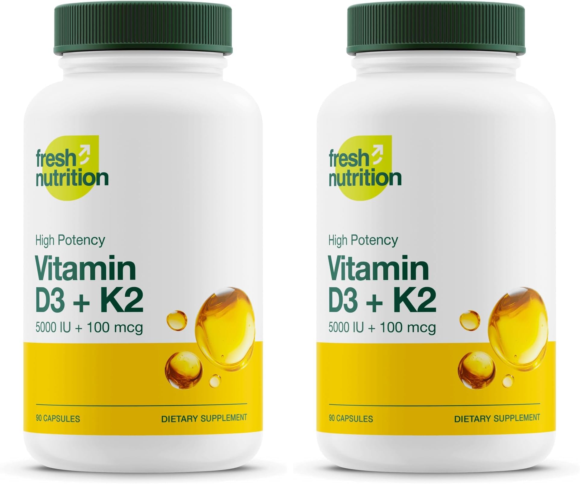 Fresh Nutrition Vegan Vitamin D3 + K2 Capsules - 5000 IU D3 + 100mcg K2 as MK-7 for Optimal Absorption - Immune Health, Bone Health, Mood - Non GMO - 90 Capsules, 3 Month Supply - PrimeBioHealth - canada supplements