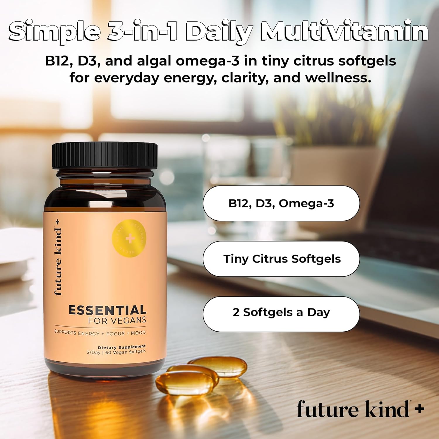Future Kind 3 in 1 Daily Multivitamin - for Energy, Clarity, Active Wellness Support with B12, D3, and Algal Omega-3 - Essential Vegan Multivitamin for Women & Men - Tiny Citrus Softgels (60 Count) - PrimeBioHealth - canada supplements