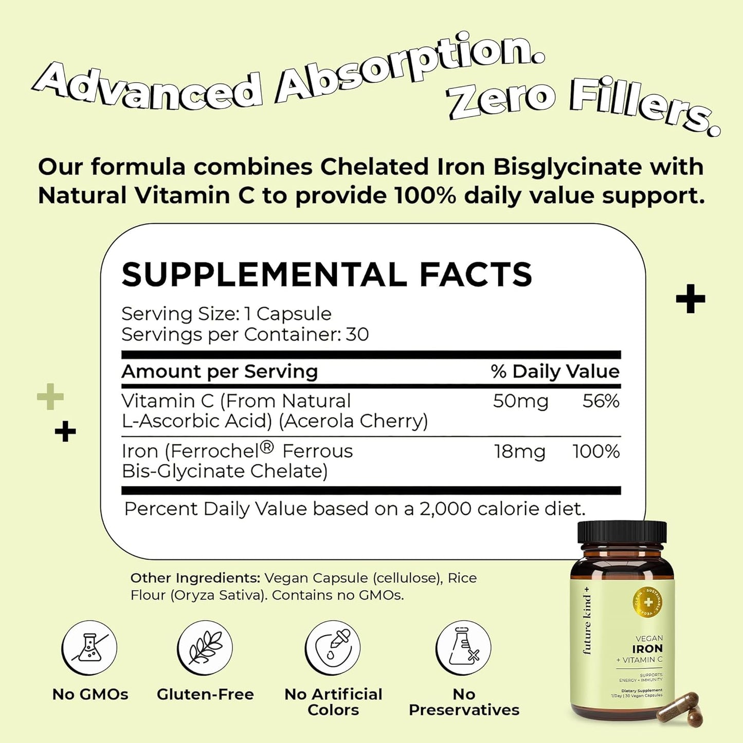 Future Kind Iron Supplement for Women and Men, Daily Energy & Focus, Chelated Iron Bisglycinate, 18mg 100% DV with Vitamin C for Absorption - Gentle on Stomach, Non-GMO Vegan Capsules, 30 Day Supply - PrimeBioHealth - canada supplements