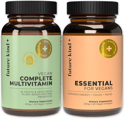 Future Kind Multivitamin Bundle - Vegan Complete Multivitamin and Vegan Essential Multivitamin - Vegan Vitamin B12, Omega 3, and Vitamin D3 - Complete Multivitamin, 42 Vitamins in 1 for Men and Women - PrimeBioHealth - canada supplements