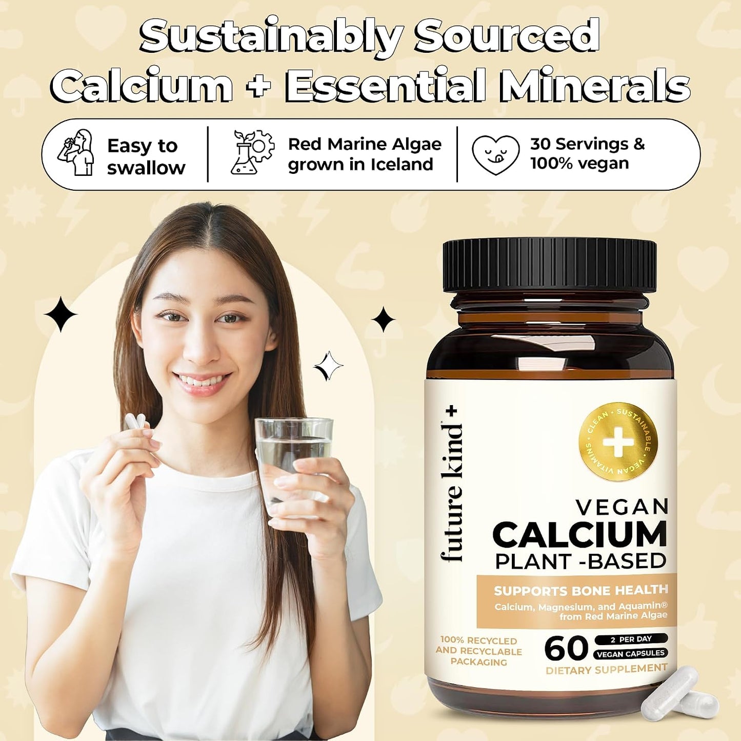 Future Kind Vegan Calcium Supplement - Plant-Based Calcium Magnesium Supplement Sourced from Iceland for Teeth & Bone Support (60 Capsules) - PrimeBioHealth - canada supplements