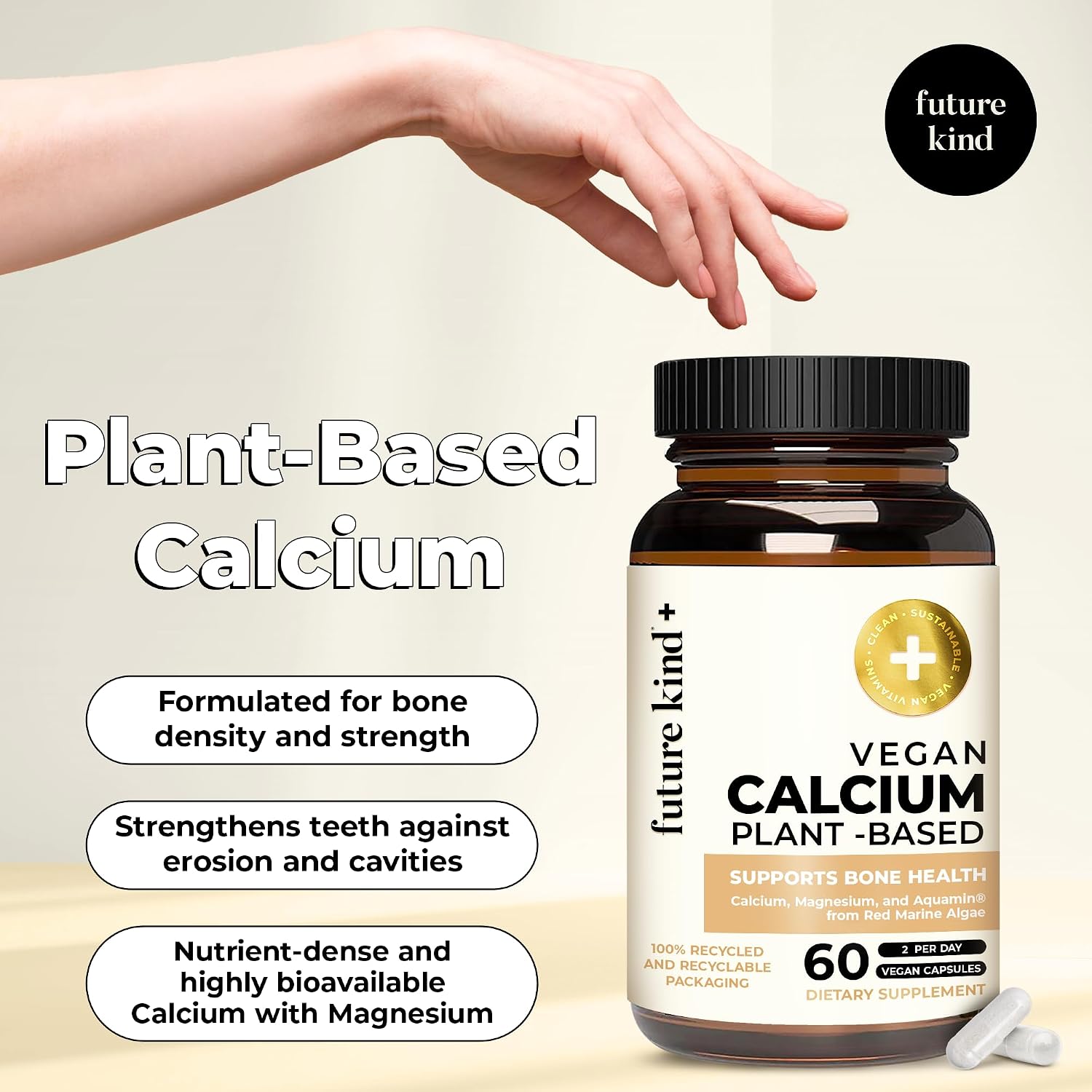 Future Kind Vegan Calcium Supplement - Plant-Based Calcium Magnesium Supplement Sourced from Iceland for Teeth & Bone Support (60 Capsules) - PrimeBioHealth - canada supplements