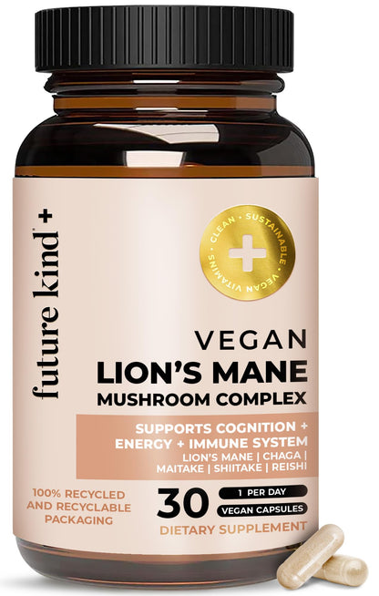 Future Kind Vegan Lion’s Mane Mushroom Complex - Brain Supplement with Chaga, Maitake, Shiitake, & Reishi, Supports Memory and Focus (30ct) - PrimeBioHealth - canada supplements