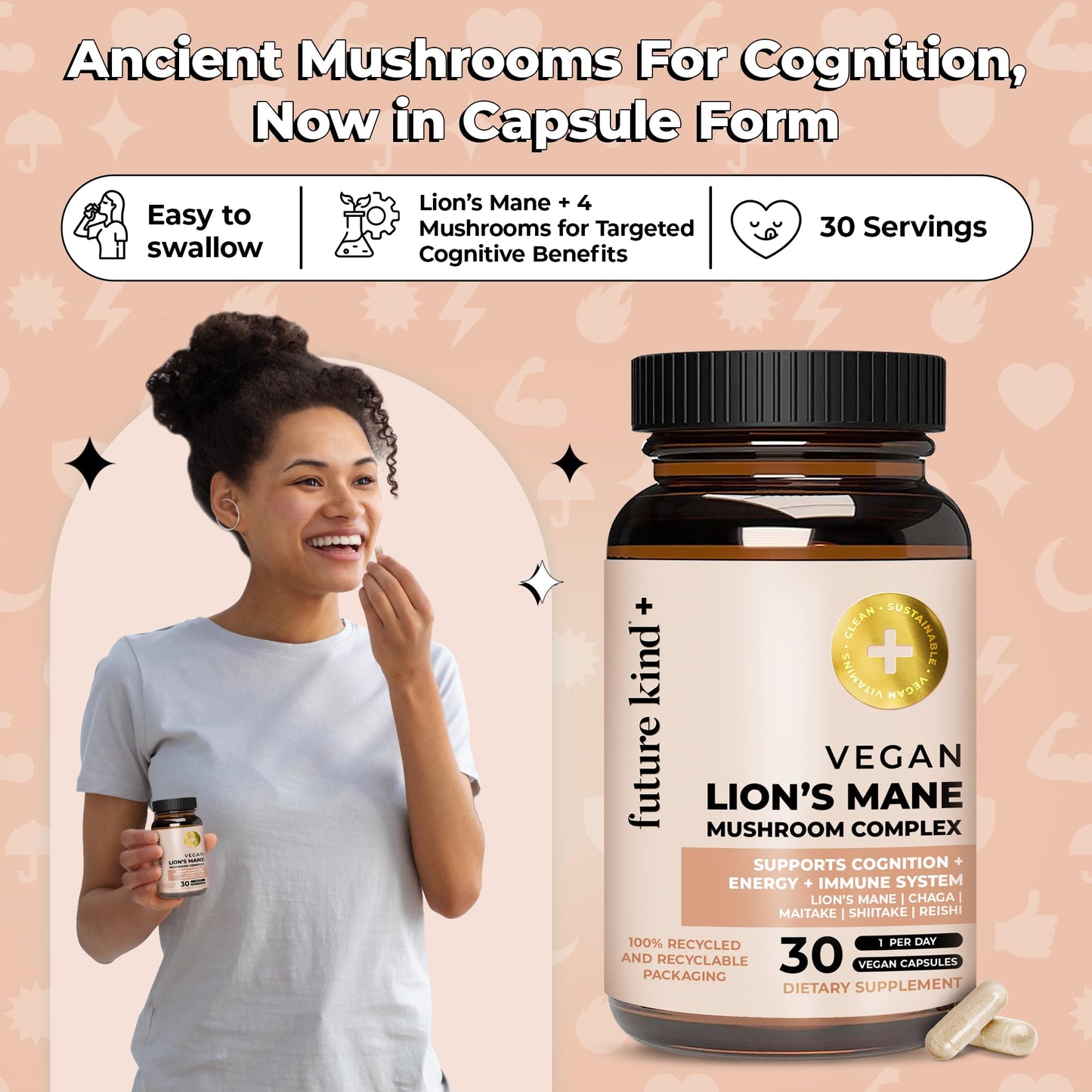 Future Kind Vegan Lion’s Mane Mushroom Complex - Brain Supplement with Chaga, Maitake, Shiitake, & Reishi, Supports Memory and Focus (30ct) - PrimeBioHealth - canada supplements