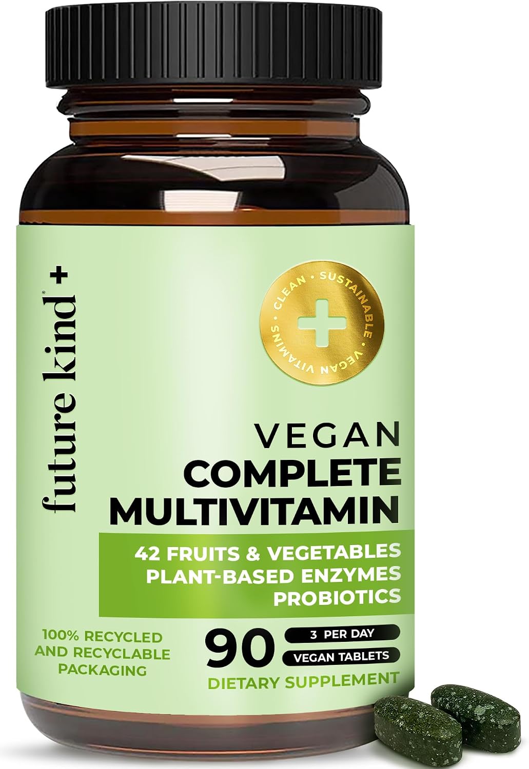 Future Kind Vegan Multivitamins Complete - 42-in-1 Vegan Multivitamins for Women & Men with Enzymes, B12, Zinc, & Probiotics for Digestion (90 tabs in Recycled Bottle) - PrimeBioHealth - canada supplements
