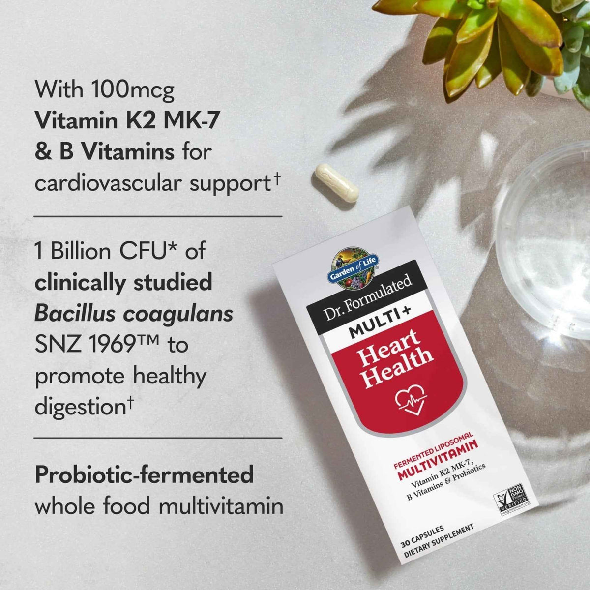 Garden of Life Dr. Formulated Multi+ Heart Health - Fermented Liposomal Multivitamin + Vitamin K2 MK-7, B Vitamins & Probiotics