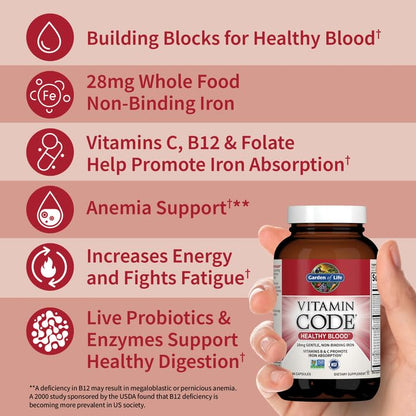 Garden of Life Vitamin Code Healthy Blood - Iron Supplement for Women, 60 Vegan Capsules, with Vitamins B, C, Trace Minerals - PrimeBioHealth - canada supplements