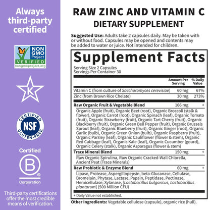 Garden of Life Zinc Supplements 30mg High Potency Raw Zinc and Vitamin C Multimineral Supplement, Vitamin Code Vitamins Trace Minerals & Probiotics - PrimeBioHealth - canada supplements