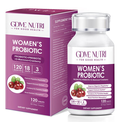 GDMENUTRI Women's Probiotics, 120 Tablets 120 Billion CFU 18 Strains, Contains Organic Prebiotic Cranberry, Probiotic Supplement for Digestion, - PrimeBioHealth - canada supplements