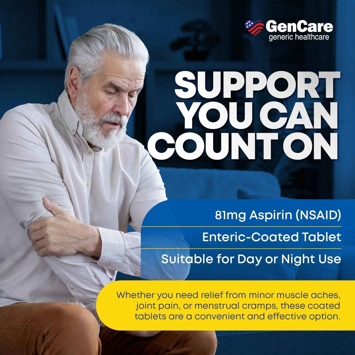 GenCare - Low Dose Aspirin 81mg for Adults Coated (NSAID) 500 Tablets | Adult Low Dose | Enteric Coated Aspirin Pills | Muscle Pain & Menstrual Pain Relief | Fever Reducer | Generic Bayer