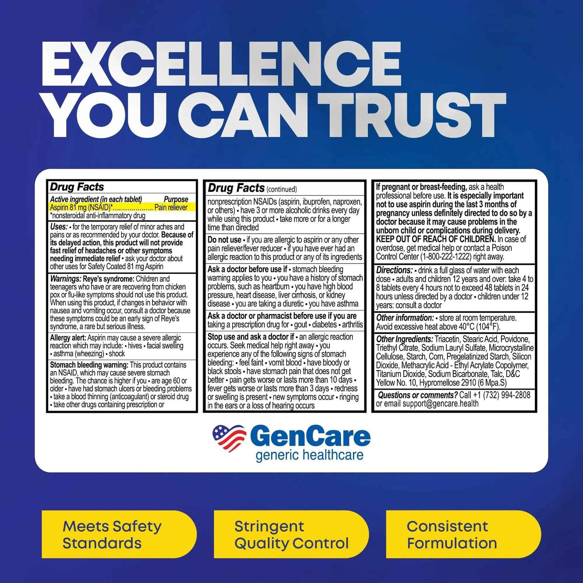 GenCare - Low Dose Aspirin 81mg for Adults Coated (NSAID) 500 Tablets | Adult Low Dose | Enteric Coated Aspirin Pills | Muscle Pain & Menstrual Pain Relief | Fever Reducer | Generic Bayer