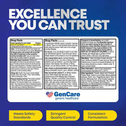 GenCare - Low Dose Aspirin 81mg for Adults Coated (NSAID) 500 Tablets | Adult Low Dose | Enteric Coated Aspirin Pills | Muscle Pain & Menstrual Pain Relief | Fever Reducer | Generic Bayer