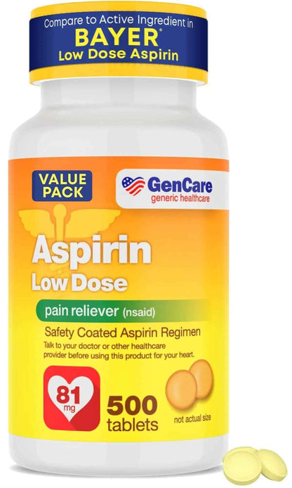 GenCare - Low Dose Aspirin 81mg for Adults Coated (NSAID) 500 Tablets | Adult Low Dose | Enteric Coated Aspirin Pills | Muscle Pain & Menstrual Pain Relief | Fever Reducer | Generic Bayer