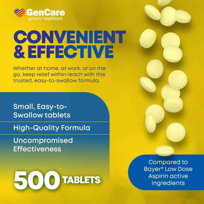 GenCare - Low Dose Aspirin 81mg for Adults Coated (NSAID) 500 Tablets | Adult Low Dose | Enteric Coated Aspirin Pills | Muscle Pain & Menstrual Pain Relief | Fever Reducer | Generic Bayer