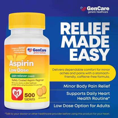 GenCare - Low Dose Aspirin 81mg for Adults Coated (NSAID) 500 Tablets | Adult Low Dose | Enteric Coated Aspirin Pills | Muscle Pain & Menstrual Pain Relief | Fever Reducer | Generic Bayer