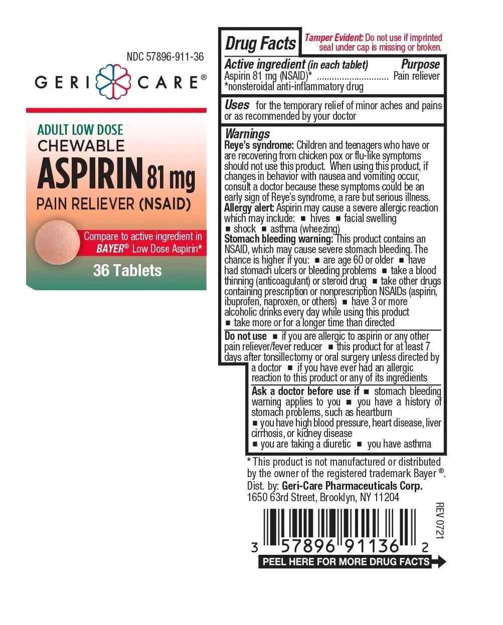 GeriCare Low Dose Adult Chewable Aspirin 81mg, Pain Reliever, Fever Reducer, 36 Count (Pack of 4)