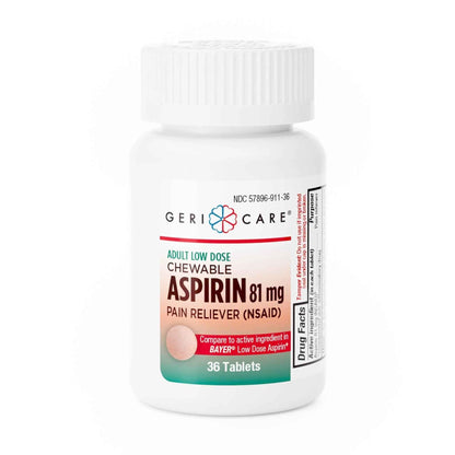 GeriCare Low Dose Adult Chewable Aspirin 81mg, Pain Reliever, Fever Reducer, 36 Count (Pack of 4)