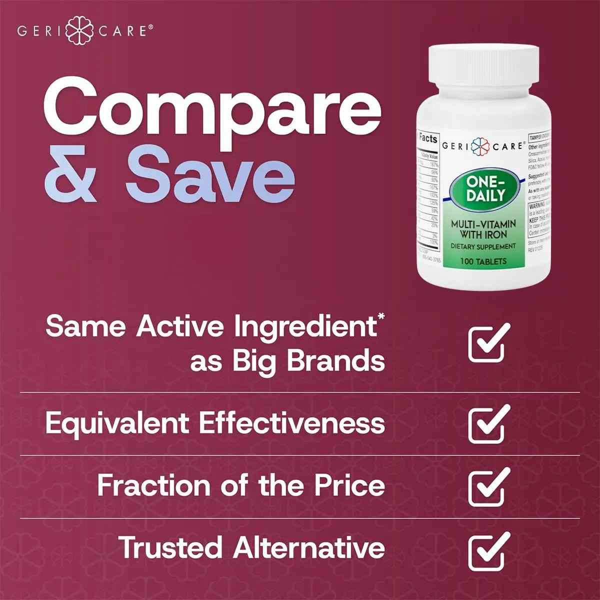GeriCare One-Daily Multi-Vitamin with Iron Tablets,100 Count (Pack of 1)