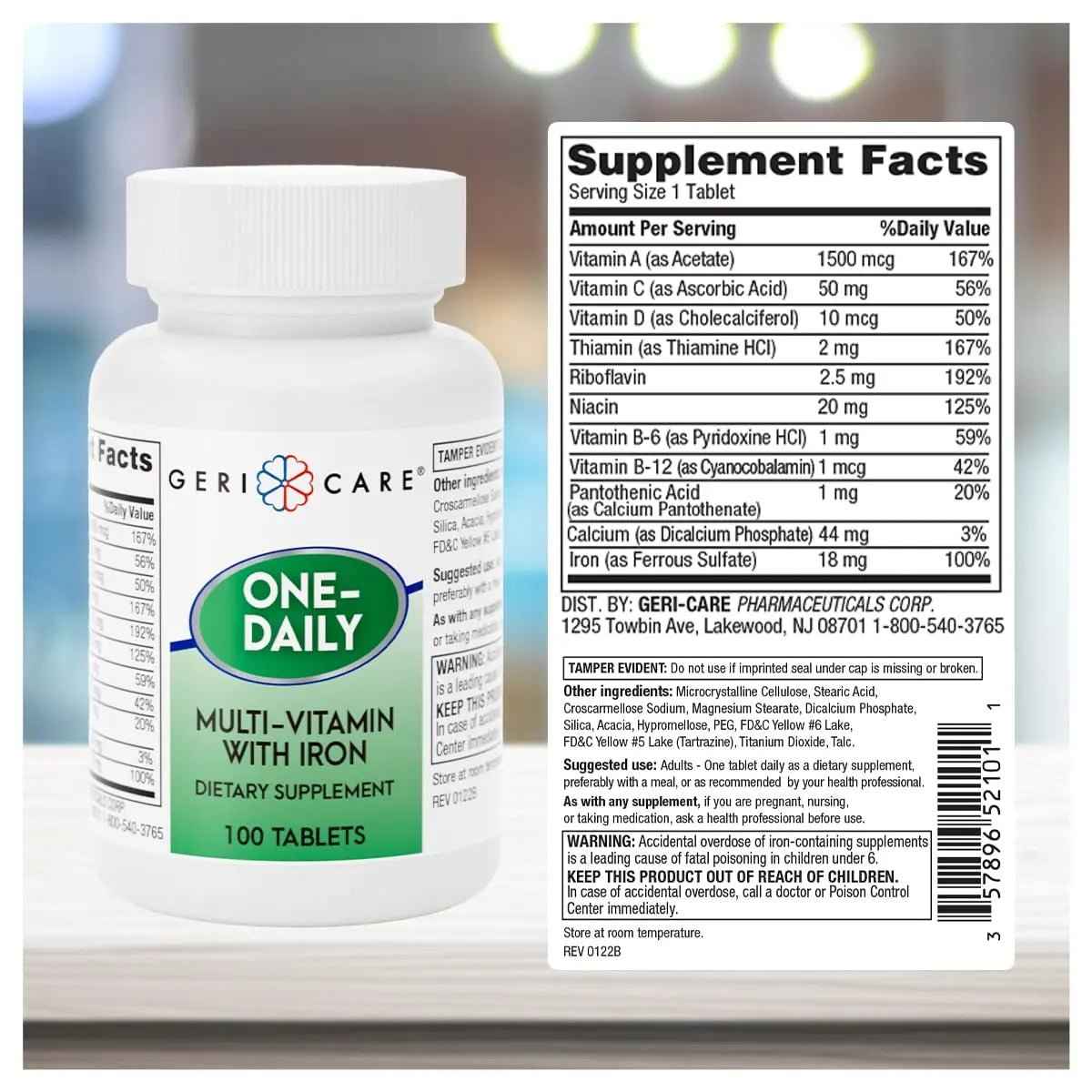 GeriCare One-Daily Multi-Vitamin with Iron Tablets,100 Count (Pack of 1)