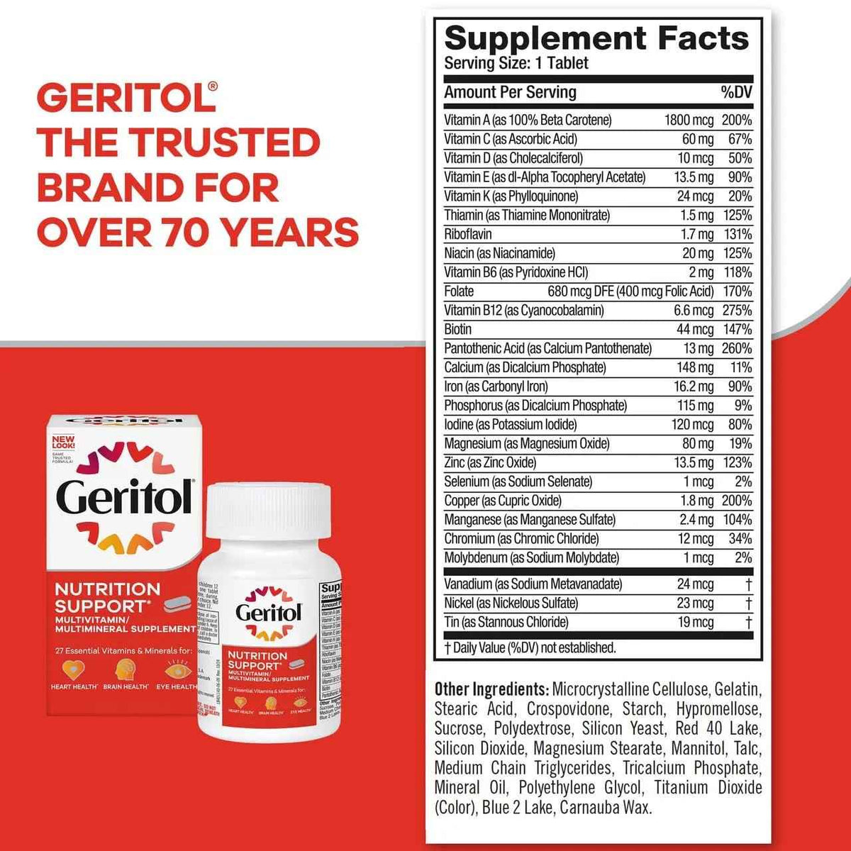 Geritol, Multivitamin Supplement, Contains Antioxidants, Vitamins B, C, E & D and Iron, 27, Minerals, Gluten-Free