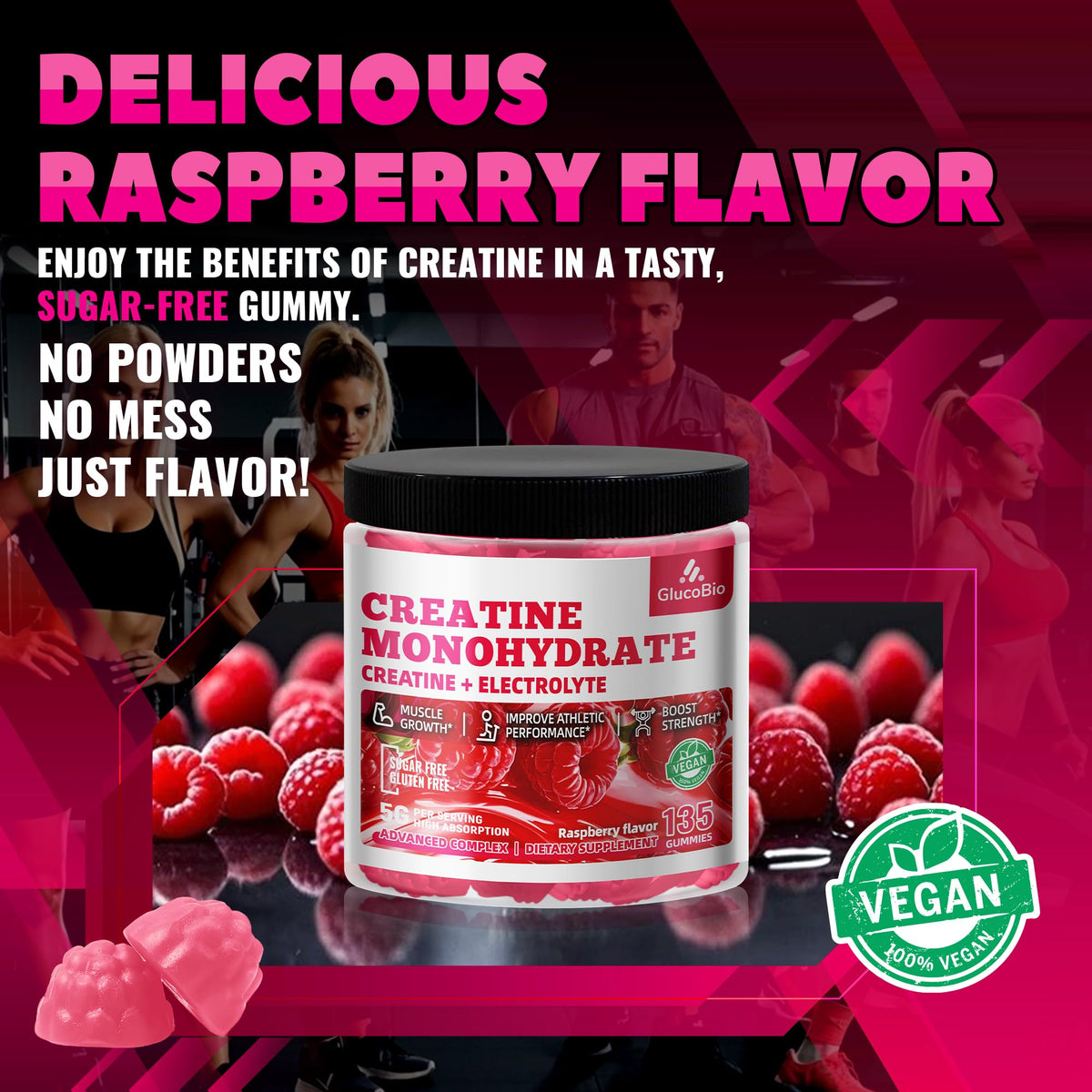 GlucoBio Creatine Monohydrate Gummies (5g) – Pre-Workout Energy & Muscle Growth Support for Men & Women - PrimeBioHealth - canada supplements