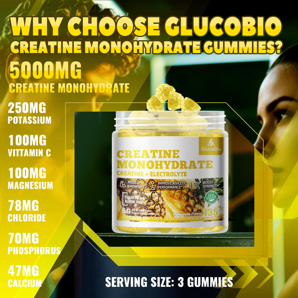 GlucoBio Creatine Monohydrate Gummies (5g) – Pre-Workout Energy & Muscle Growth Support for Men & Women | Pineapple Electrolyte Gummies (135 Count) - PrimeBioHealth - canada supplements