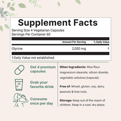 Glycine 2,000mg Per Serving, 240 Veggie Capsules | Free Form | Double Strength Amino Acids | Restful Sleep and Neurotransmitter Support Supplements | Non-GMO, Gluten Free - PrimeBioHealth - canada supplements
