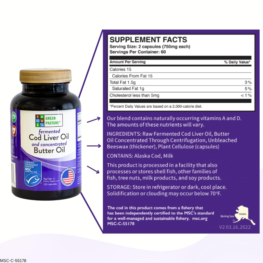 Green Pasture Fermented Cod Liver Oil & Butter Oil Blend - Wild Alaska Cod, Vitamins A & D, Omega-3-6-9, MSC Certified, 120 Capsules - PrimeBioHealth - canada supplements