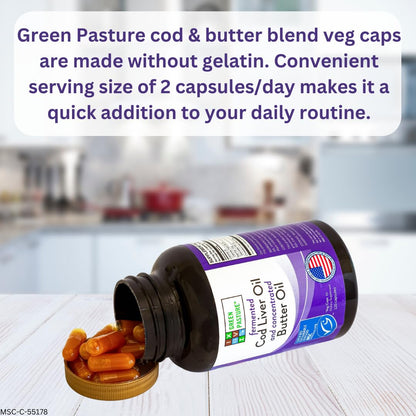 Green Pasture Fermented Cod Liver Oil & Butter Oil Blend - Wild Alaska Cod, Vitamins A & D, Omega-3-6-9, MSC Certified, 120 Capsules - PrimeBioHealth - canada supplements