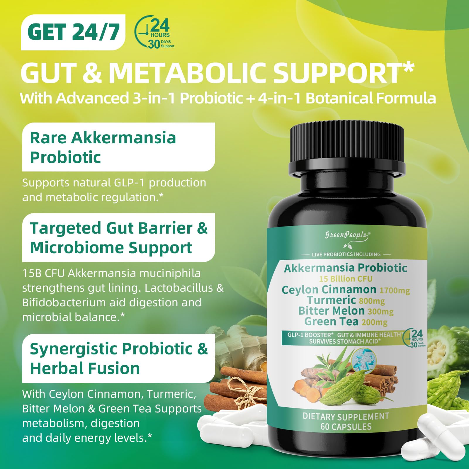 GREENPEOPLE Akkermansia Probiotics 15B CFU for Gut Function, 60CT Probiotics Supplement with Ceylon Cinnamon, Turmeric | Digestive Health & Metabolic Support - PrimeBioHealth - canada supplements