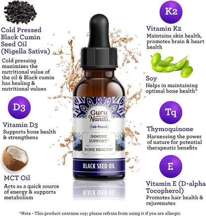 GuruNanda Black Seed Oil, Cold-Pressed Nigella Sativa - Rich in Vitamin D3 5000 Units, K2 & E, High Thymoquinone | Potent Antioxidant - PrimeBioHealth - canada supplements