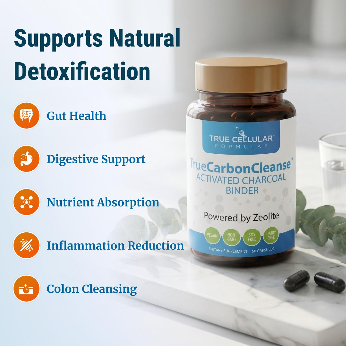 Gut Detox & Liver Cleanse - Organic Activated Charcoal Capsules with Clinoptilolite Zeolite Binder - TrueCarbonCleanse™ Carbon Supplement - 60 Bamboo Charcoal Pills - PrimeBioHealth - canada supplements
