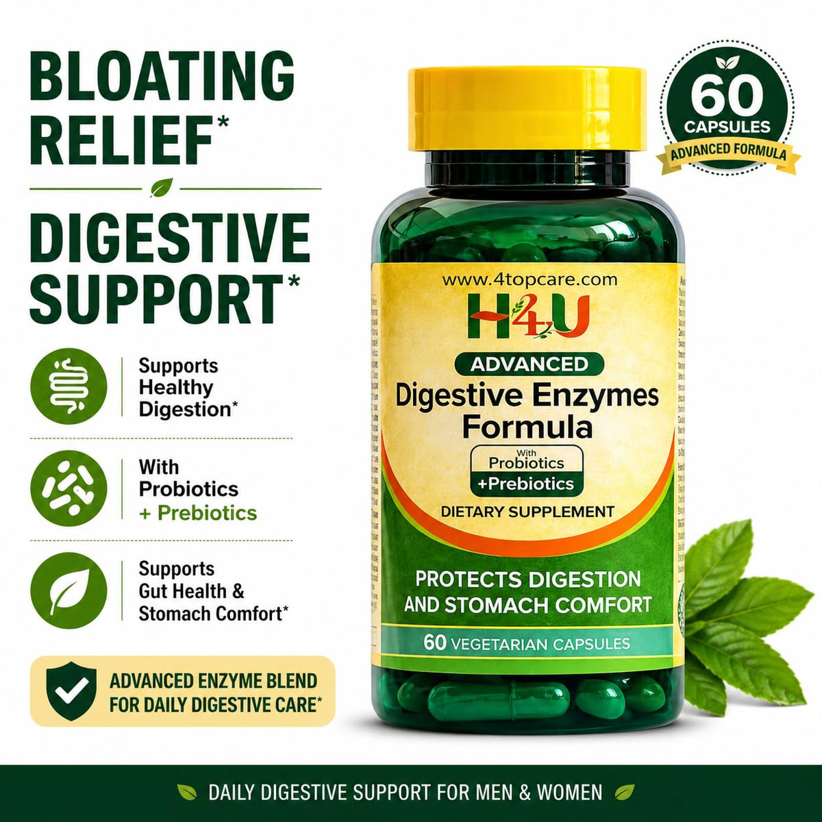 H4U Advanced Digestive Enzymes with Probiotics & Prebiotics – Multi Enzyme Supplement for Gut Health, Digestion Support, Bloating Relief & Stomach Comfort, - PrimeBioHealth - canada supplements