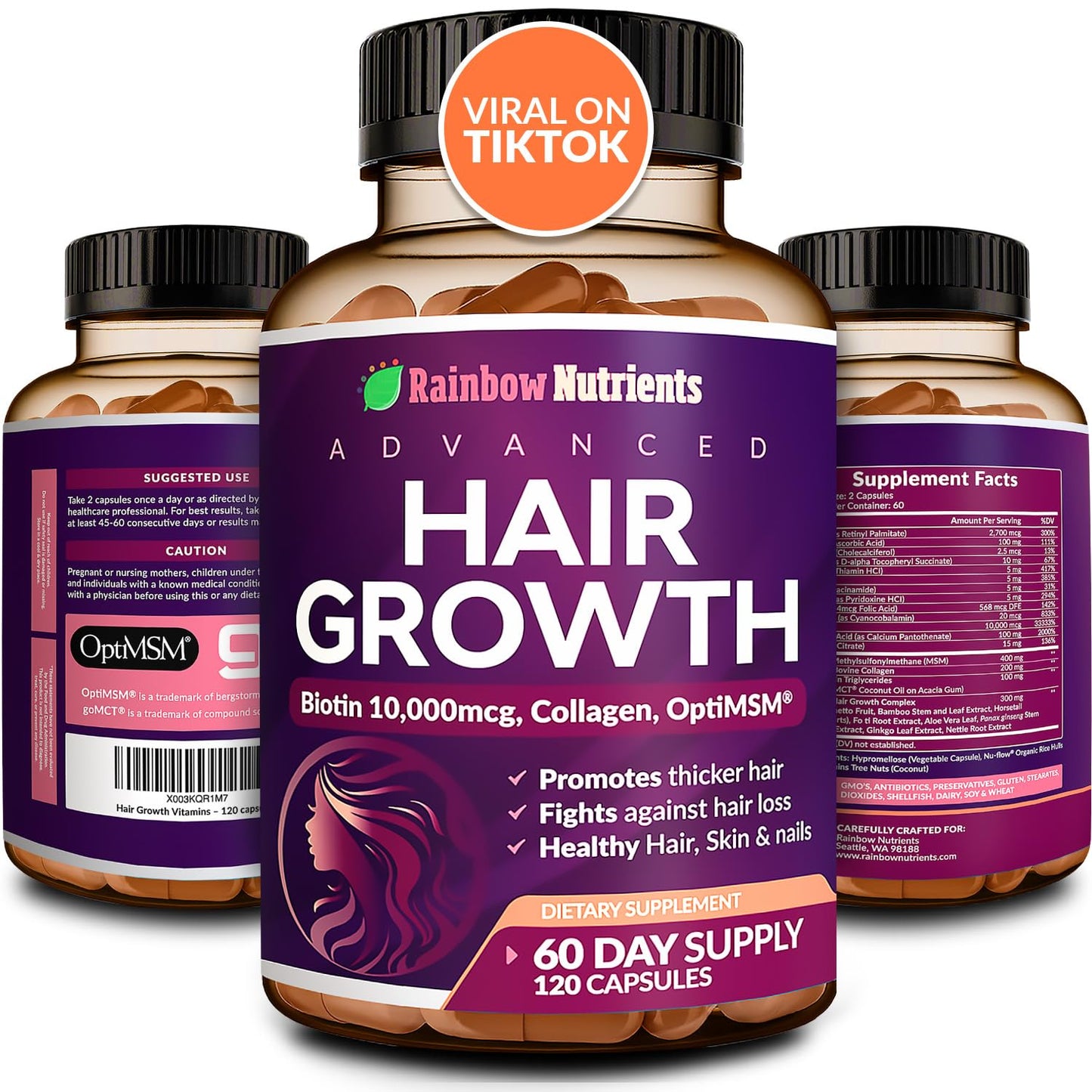 Hair Growth Vitamins for Women | Biotin 10,000mcg, Collagen, Patented OptiMSM®, goMCT - PrimeBioHealth - canada supplements