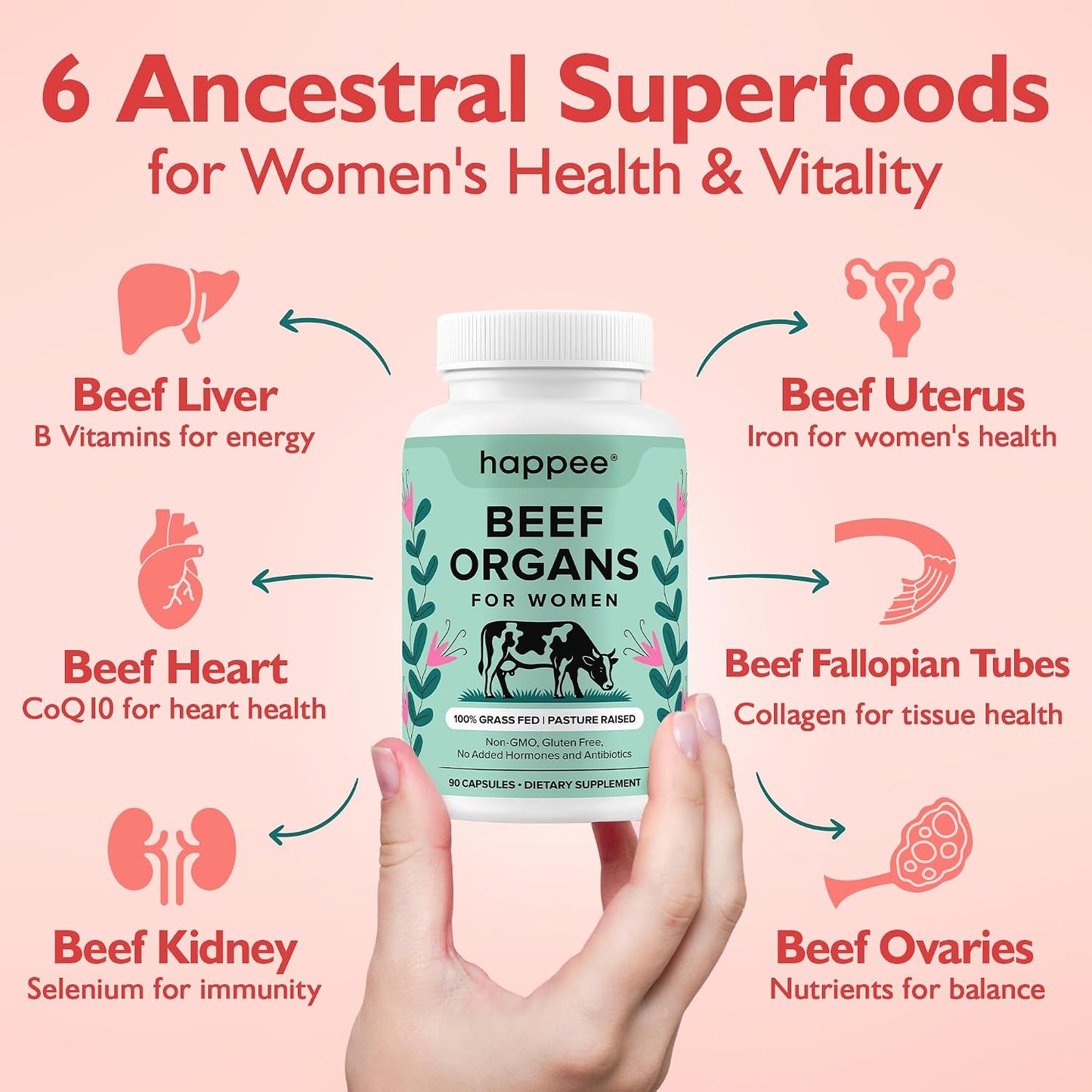 Happee Grass Fed Beef Organ Supplement for Women - Beef Liver, Heart, Kidney, Ovary & Uterus Blend - Hormone Balance, Energy & Cycle Support - 90 Capsules - PrimeBioHealth - canada supplements