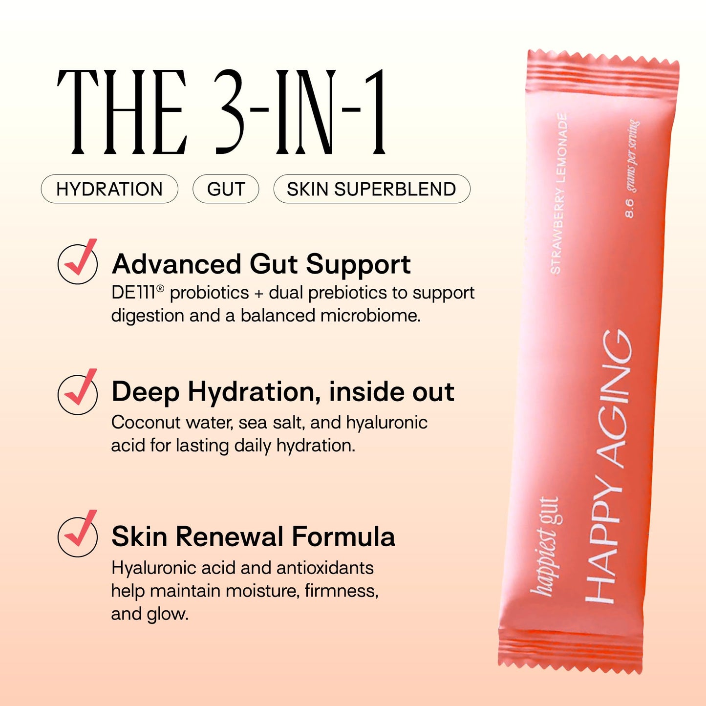 Happy Aging Electrolytes Powder Packets for Women - Sugar Free Hydration & Gut Health with Hyaluronic Acid & Bacillus Subtilis DE111 Probiotics - Dual Prebiotic System for Skin Beauty - PrimeBioHealth - canada supplements