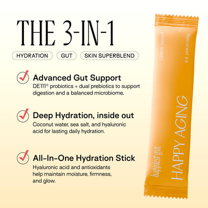Happy Aging Electrolytes Powder Packets for Women - Sugar Free Hydration & Gut Health with Hyaluronic Acid & Bacillus Subtilis DE111 Probiotics - Dual Prebiotic System for Skin Beauty - PrimeBioHealth - canada supplements