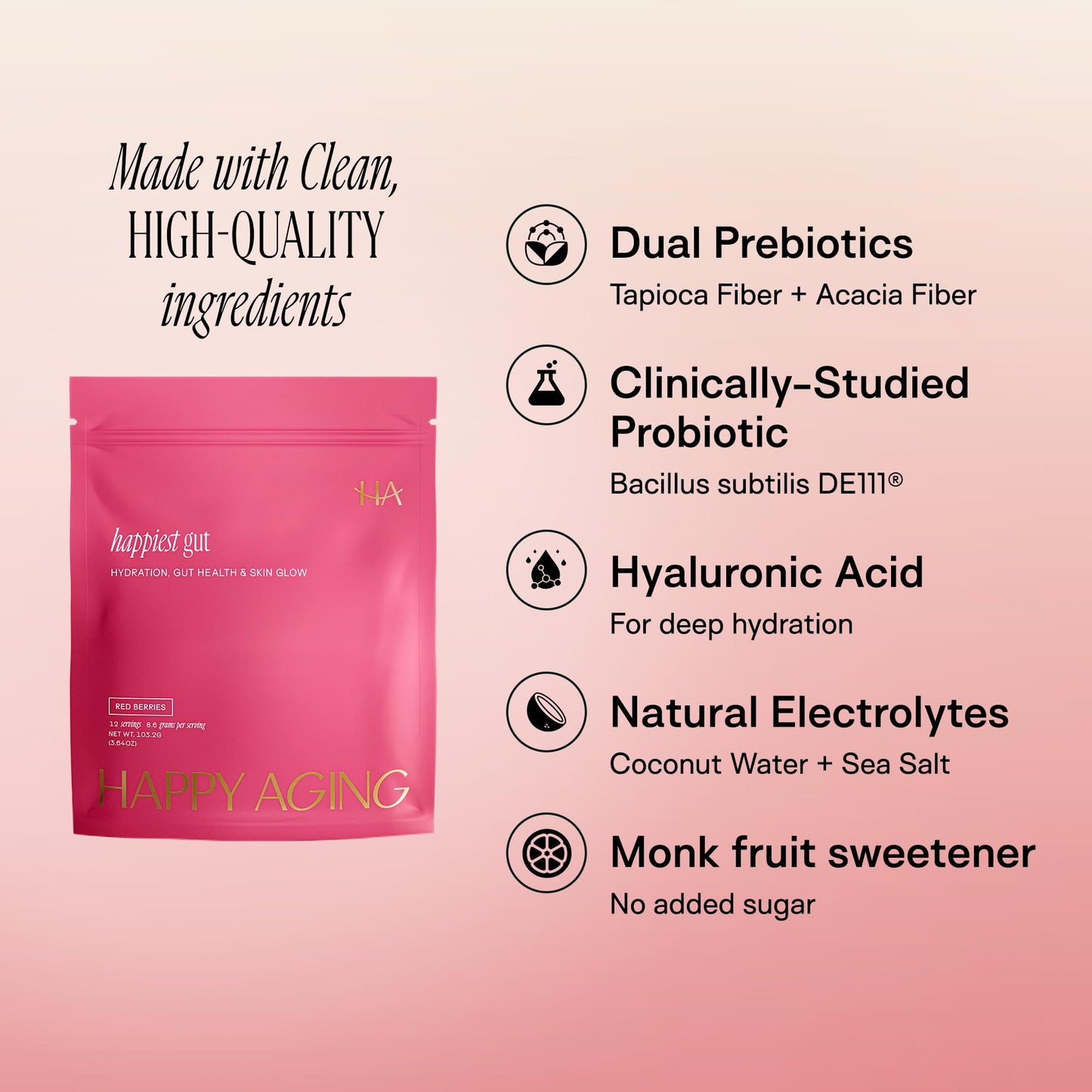 Happy Aging Electrolytes Powder Packets for Women - Sugar Free Hydration & Gut Health with Hyaluronic Acid & Bacillus Subtilis DE111 Probiotics - Dual Prebiotic System for Skin Beauty - PrimeBioHealth - canada supplements